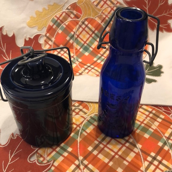 Other - Small 4” cobalt blue crock and 7” cobalt blue bottle